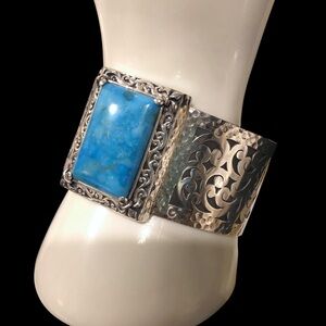 LOIS HILL Sterling Silver Cuff with Turquoise Cabochon and Cut Out Design NWT